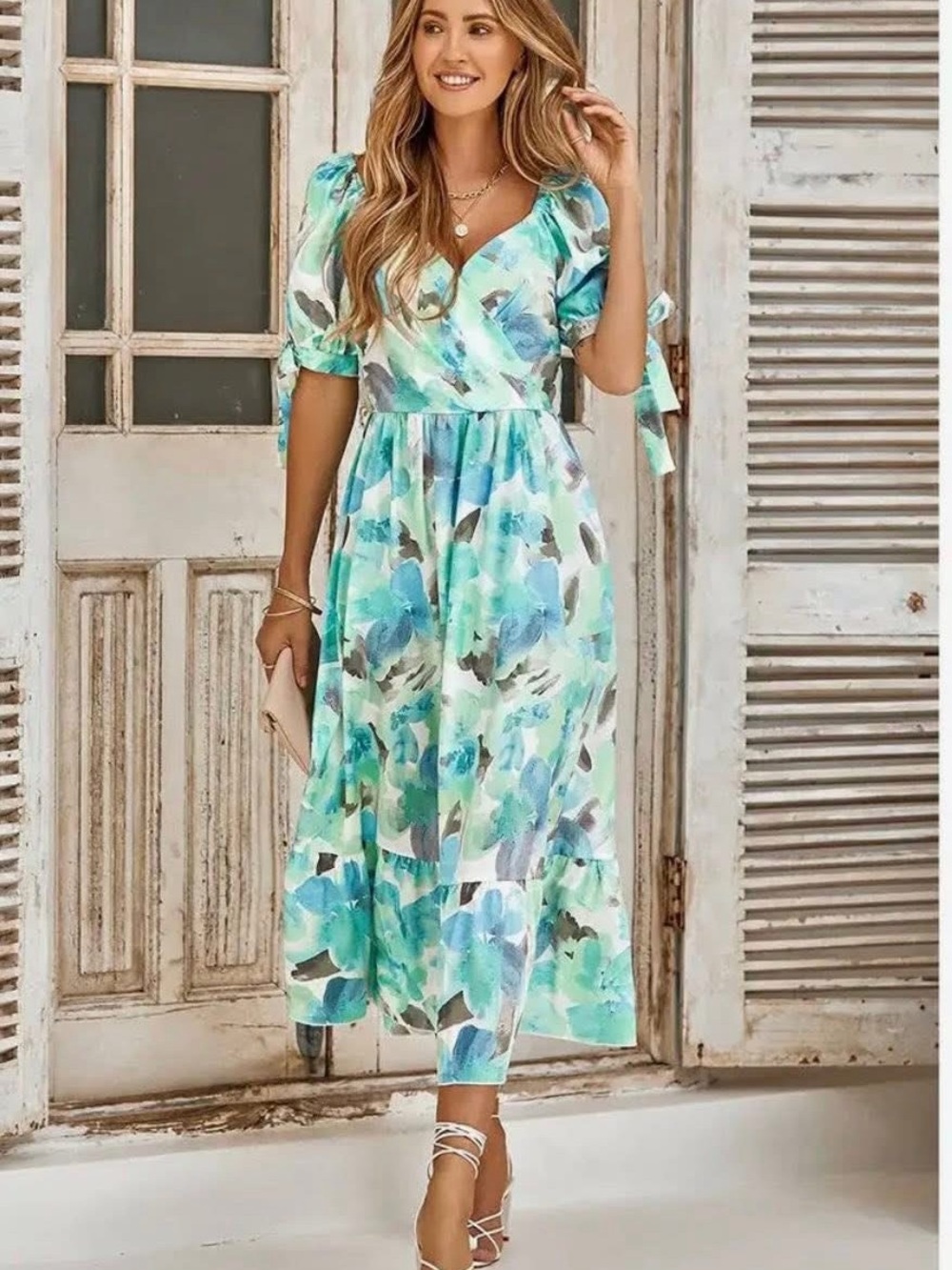 Women’s Aqua Floral Midi Dress - Lightweight Summer Wrap